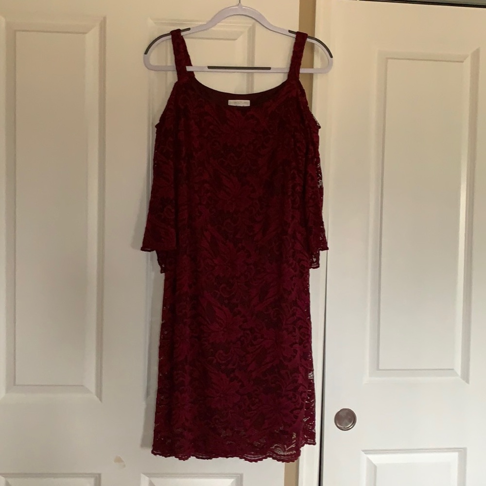 Maroon/wine Signature by Robbie Bee crocheted cold shoulder dress.